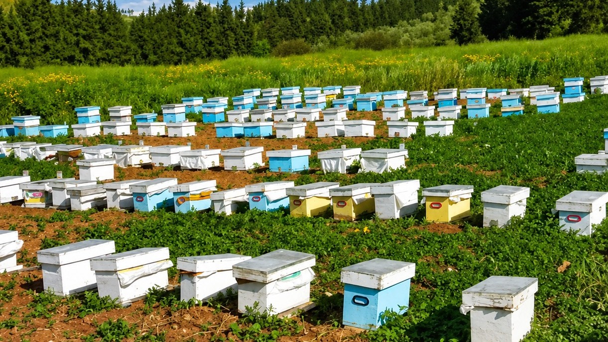 Rangées de ruches de Maison du Miel au milieu des champs